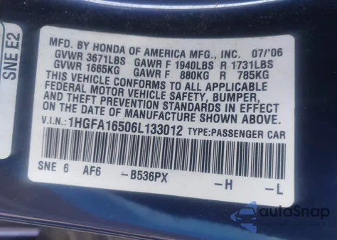 2006 Honda Civic Lx from USA, damaged, VIN 1HGFA16506L133012